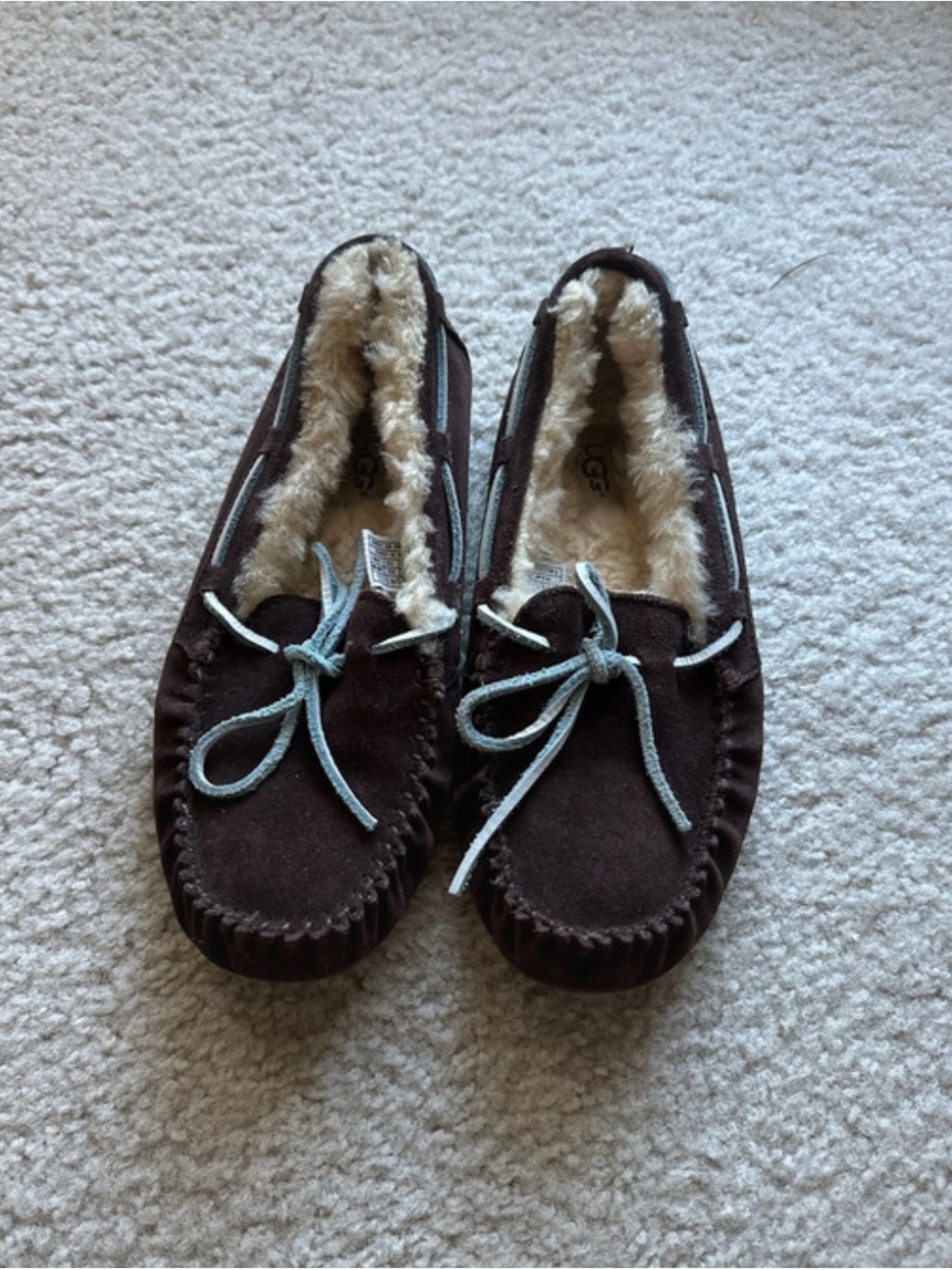 UGG Women’s Chocolate Brown Suede Shearling Moccasins with Light Blue Laces
